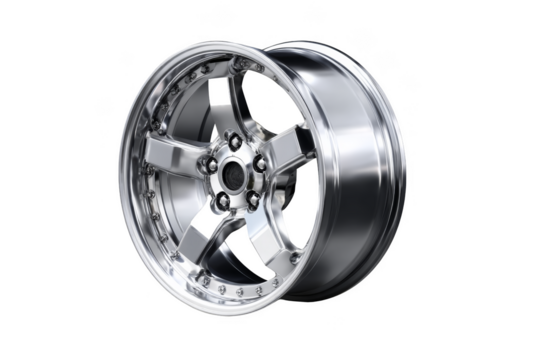 Shiny alloy wheel with a modern design. Png, Transparent background.