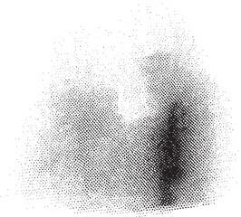 A dark silhouette emerges from a dense field of white dots.