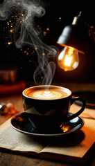 Fototapeta premium A steaming cup of coffee or tea stands on a wooden table, illuminated by the warm light of a table lamp in a cozy, calm interior, interior setting.
