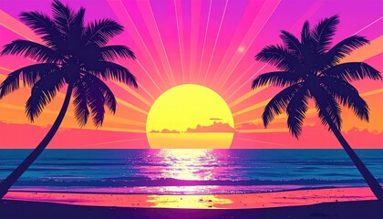 Tropical Sunset: Vibrant Palm Trees and Pink Ocean Scene