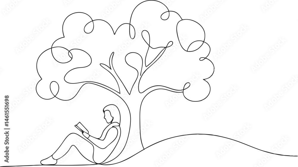 Poster continuous one line drawing of a person reading under a tree with dream-like branches, poetic and ca