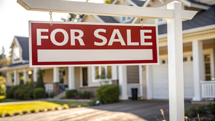 A red and white "For Sale or Rent" sign is prominently displayed. The sign is mounted on a white post with a crossbar.