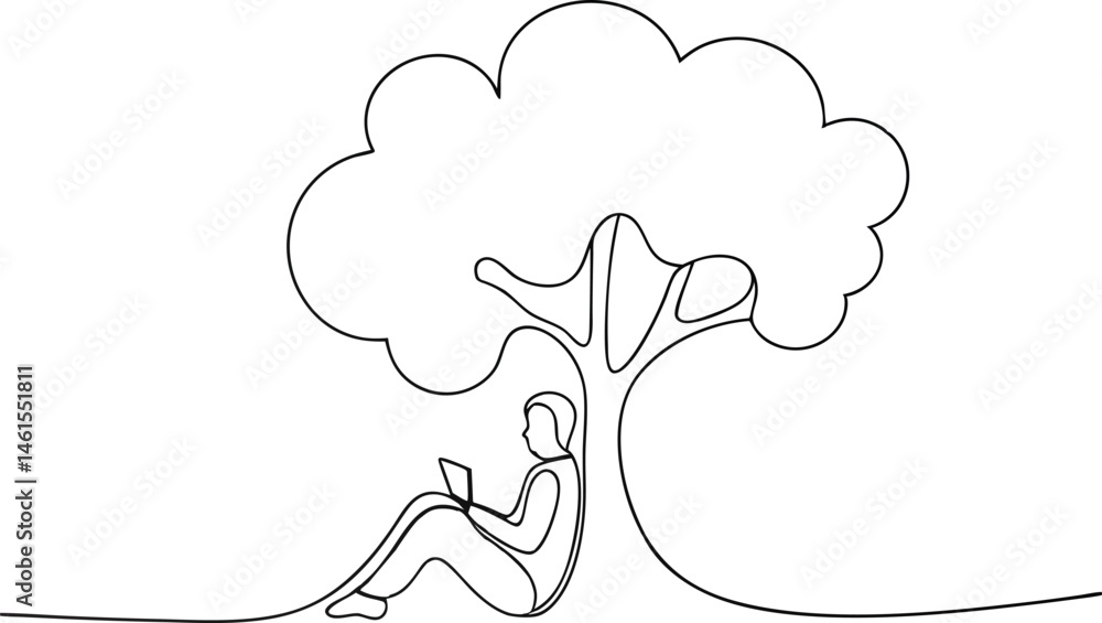 Poster continuous one line drawing of a person reading under a tree with dream-like branches, poetic and ca