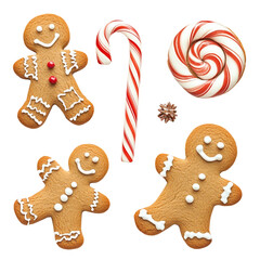 Christmas design element on transparent background with transparent shadow. Isolated Christmas sweet Candy Cane and gingerbread ginger men. Flat lay, top view [Transparent Background PNG].