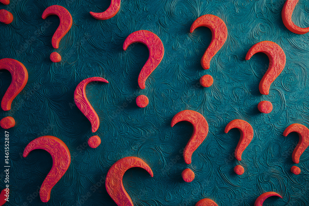 Poster Red question marks on teal textured background, creating an inquisitive and mysterious visual, representative of uncertainty, questions, and inquiry