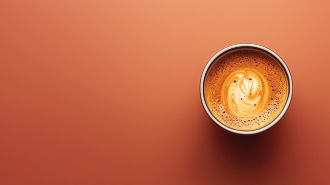 Overhead shot displays a cup of delicious creamy coffee with latte art against a solid orange background enhancing the warm and inviting aesthetic.