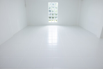 Empty room with square white tile floor texture pattern in perspective at day. Include glass block wall. Clean shiny surface. Modern interior home design suit for product display background.