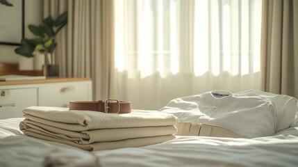 Beige clothes folded on bed, belt and shirt. Lifestyle imagery