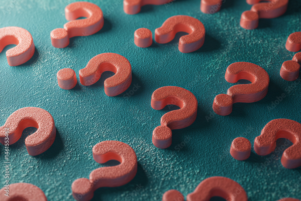 Poster Teal textured background scattered with coral question marks, creating a concept of uncertainty or inquiry, ideal for websites or presentations