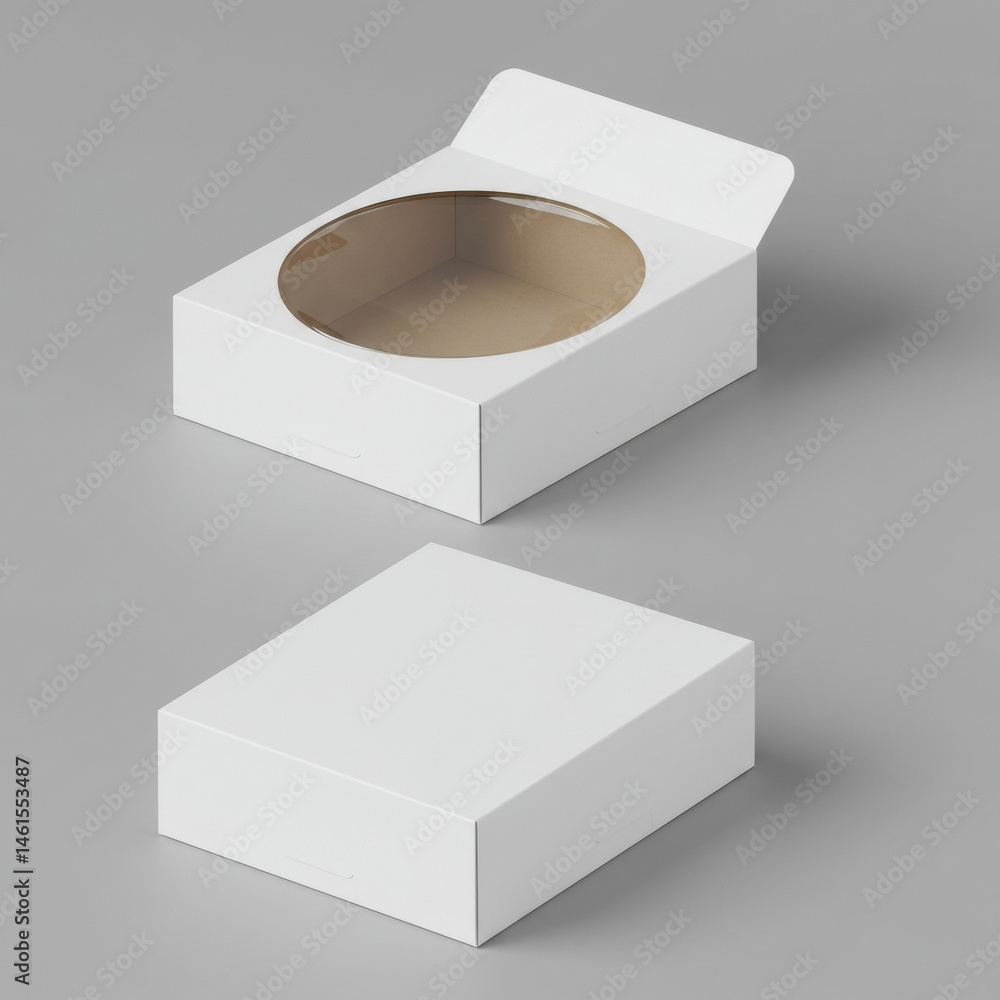 Poster empty white cardboard boxes with circular window displays on a gray background. two open boxes in di