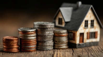 Investment strategy: house model and coin stack on wooden surface, ideal for showcasing real estate opportunities