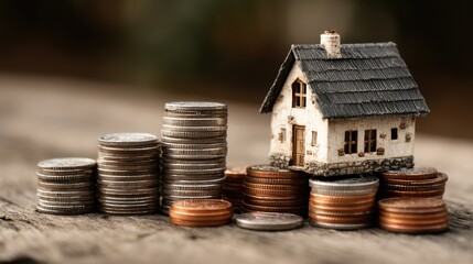 Investment strategy: house model and coin stack on wooden surface, ideal for showcasing real estate opportunities