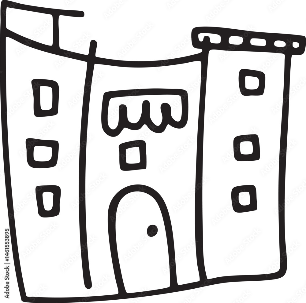 Poster a simple black drawing depicts a stylized building with multiple windows and a doorway.