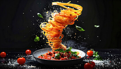 Explosive spaghetti tornado, twirling with tomato sauce, basil, and parmesan on a black plate against a black background