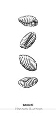 Gnocchi Italian Pasta. Vector hand-drawn sketch of food. Vintage style engraving. etching. Line art