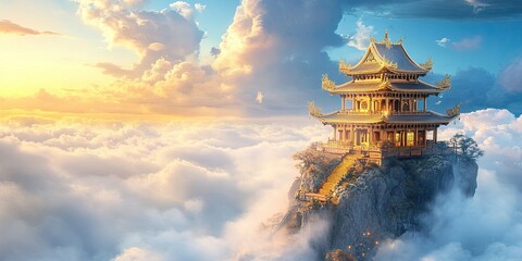 Obraz premium Majestic asian temple towering above soft clouds, bathed in ethereal light