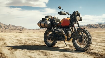 A touring motorcycle equipped with extra fuel tanks, prepared for an extreme desert ride.