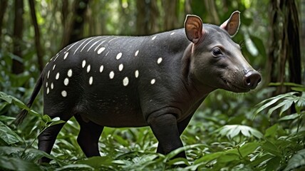 Fototapeta premium Small, dark-gray mammal with speckled white dots, walking through lush rainforest foliage
