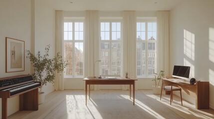 Fototapeta premium Sunlight-filled interior design with modern furniture.