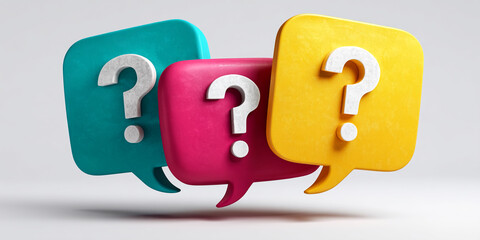 Naklejka premium Three colorful speech bubbles, teal, pink, yellow, feature white question marks, symbolizing inquiry, questions, and answers, ideal for FAQ pages or help sections