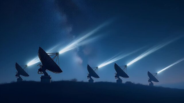 Large radio dishes beam signals under starry sky
