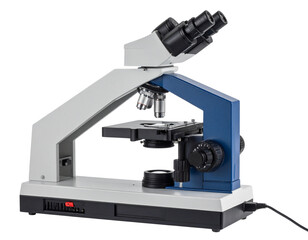 Laboratory microscope with multiple objective lenses and adjustment knobs for detailed scientific observation.