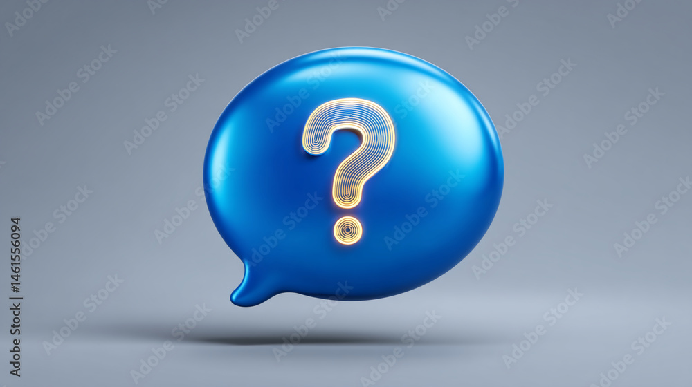 Aufkleber blue glossy speech bubble with a golden question mark inside, symbolizing inquiry, query, or questio