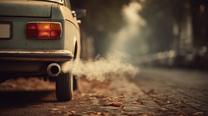 Exhaust pipe of an old dirty car releasing smoke into the air, representing pollution and vehicle emissions