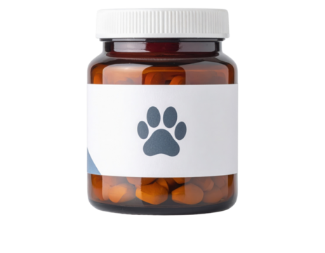 A brown pill bottle with a white lid and a label featuring a black paw print.
