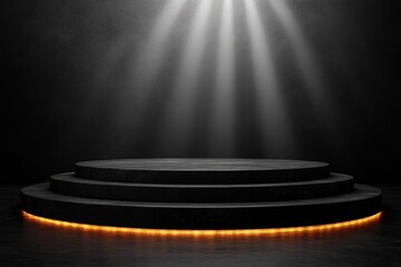 Dark stage, spotlight, circular platform, product display, award ceremony