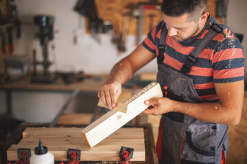 Young carpenter glueing wood