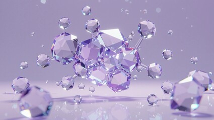 Fototapeta premium Abstract scene of Bakuchiol molecules crystallizing in mid-air, creating a geometric gemstone structure illuminated by gentle lavender light with minimalistic elegance.
