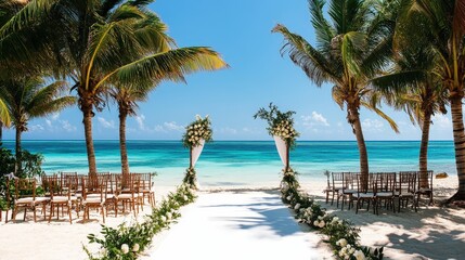 Obraz premium tropical island wedding venue with palm trees, a white sand aisle, and crystal-clear turquoise water in the background