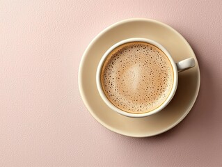 A delightful cappuccino served in a simple ceramic cup with frothy milk foam sits on a matching saucer atop a pastel pink surface so appealing.