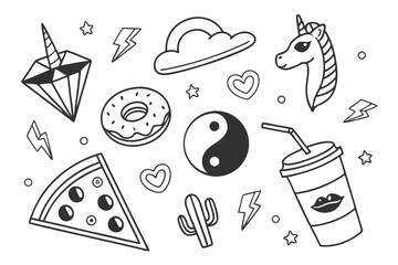 101 Doodle art, black and white illustrations, hand-drawn icons, pop culture symbols, whimsical designs, emoji-style, random objects, trendy elements, diverse icons, unicorn, diamond, cloud, lightning