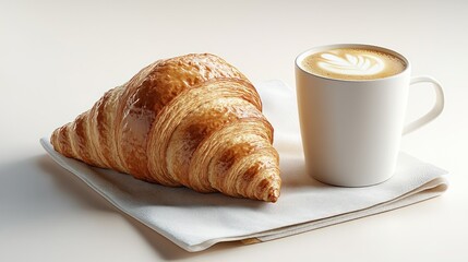 Buttery croissant and latte art coffee on napkin. Breakfast food photography for cafe menus