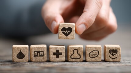 Close-up of hand with wooden cube featuring medical icon, highlighting health insurance and protection services