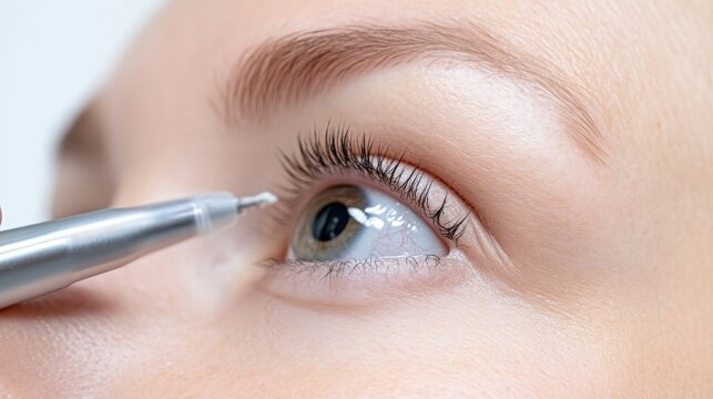 Close up of a permanent makeup procedure on a woman's eyelid using a professional cosmetic tattoo machine.
