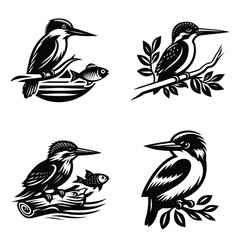 Kingfisher bird silhouette set clipart illustration & drawing