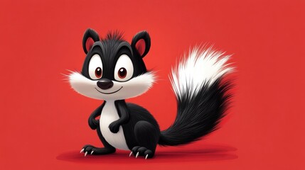 Cartoon skunk, red background, playful pose, children's book illustration