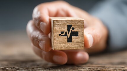 Symbol of health insurance: hand holding wooden cube with healthcare icon, emphasizing medical coverage and wellness