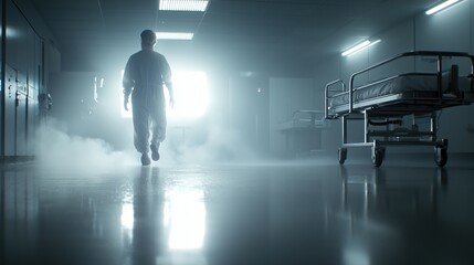 Obraz premium Silhouette of a person walking through a hospital corridor with mist and dramatic lighting