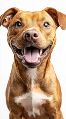 An adorable brown pitbull dog with a big happy smile looks directly at the camera with its tongue hanging out on a clean white background.