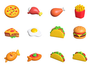 Fast food, street food 3d vector icon set. Pizza, roasted turkey, hamburger, scrambled eggs, brocheta, fried fish, tacos, french fries,fast, three-dimensional, design element, fish, french, hamburger,