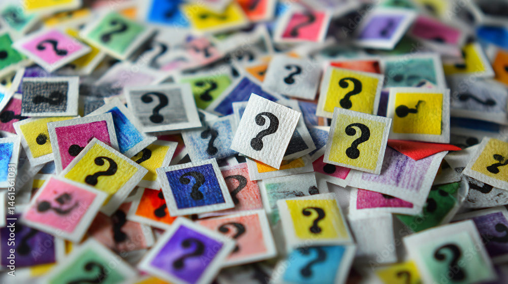 Poster Colorful question marks on small squares, scattered, creating a textured background symbolizing uncertainty, inquiry, or problem-solving