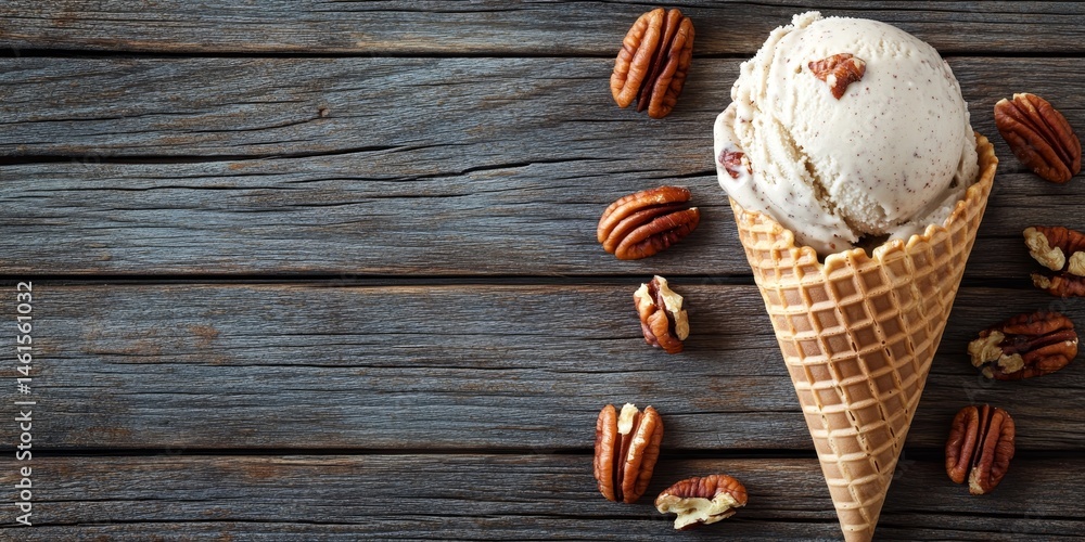 Poster scoop of butter pecan ice cream in a waffle cone on rustic wood background with scattered pecans