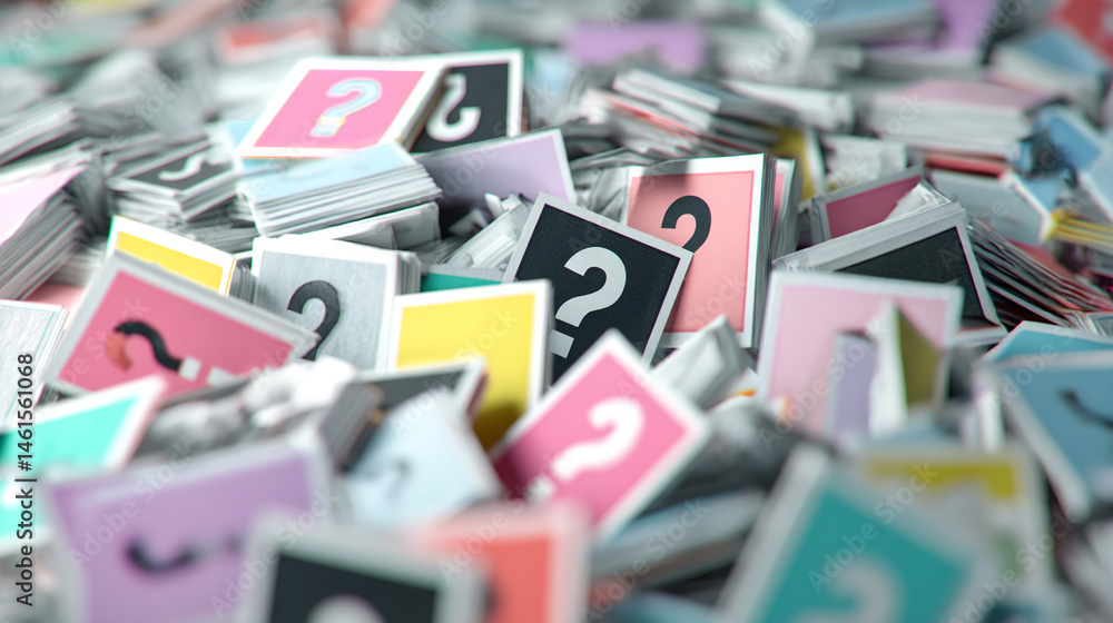 Poster pile of colorful question mark cards, showcasing uncertainty or the search for answers, symbolizing 