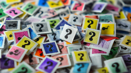 Colorful question marks on small squares, scattered, creating a textured background symbolizing uncertainty, inquiry, or problem-solving