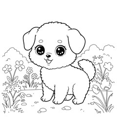 Adorable Puppy in a Blooming Garden Coloring Page