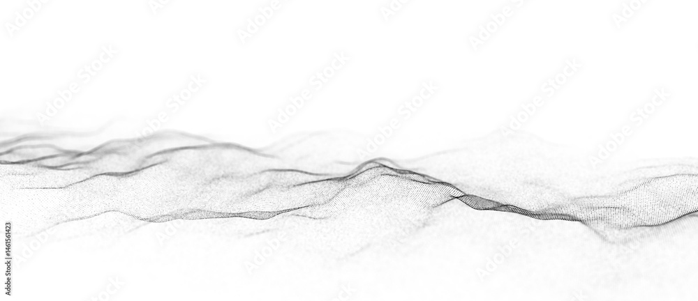 Poster abstract white wave with moving dots. flow of particles. cyber technology illustration. 3d rendering